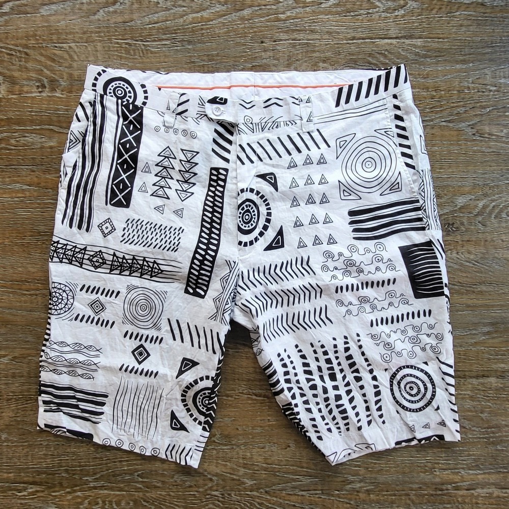 Inserch Mens 100% Linen Tribal Geometric Print Shorts White Black Size 44 ST913